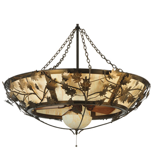Meyda Lighting Oak Branch 50" 11-Light Antique Copper Chandelier With Travertine Idalight Shade Glass and Wood Fan