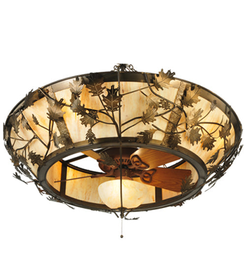 Meyda Lighting Oak Branch 50" 11-Light Antique Copper Chandelier With Travertine Idalight Shade Glass and Wood Fan