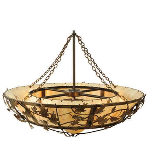 Meyda Lighting Oak Branch 50" 11-Light Antique Copper Chandelier With Travertine Idalight Shade Glass and Wood Fan