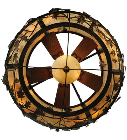 Meyda Lighting Oak Branch 50" 11-Light Antique Copper Chandelier With Travertine Idalight Shade Glass and Wood Fan