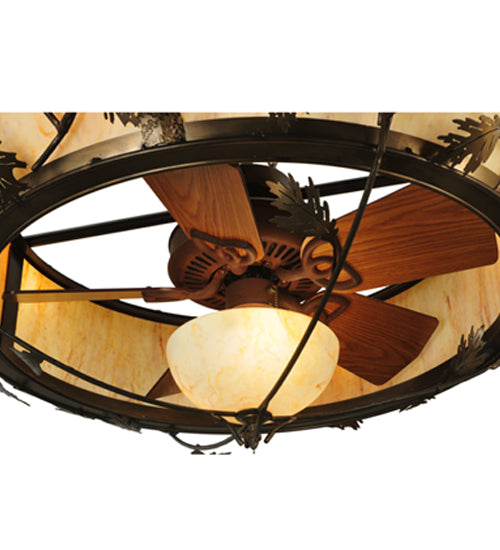 Meyda Lighting Oak Branch 50" 11-Light Antique Copper Chandelier With Travertine Idalight Shade Glass and Wood Fan