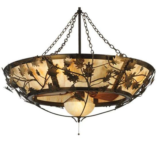 Meyda Lighting Oak Branch 50" 11-Light Antique Copper Chandelier With Travertine Idalight Shade Glass and Wood Fan