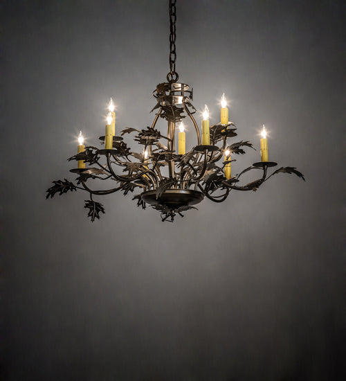 Meyda Lighting Oak Leaf 32" 9-Light Antique Copper Chandelier With Ivory Faux Candlelight