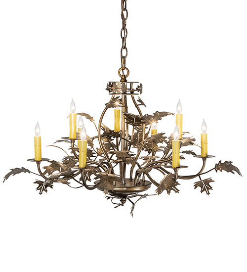 Meyda Lighting Oak Leaf 32" 9-Light Antique Copper Chandelier With Ivory Faux Candlelight