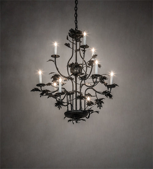 Meyda Lighting Oak Leaf 36" 9-Light Gunmetal Chandelier With White Faux Candlelight