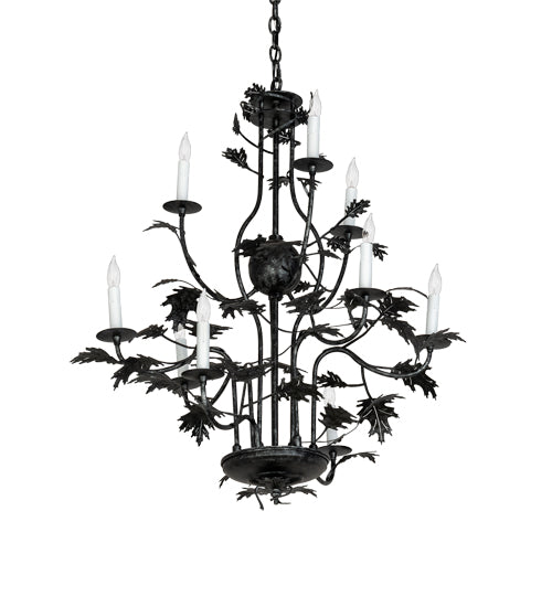 Meyda Lighting Oak Leaf 36" 9-Light Gunmetal Chandelier With White Faux Candlelight
