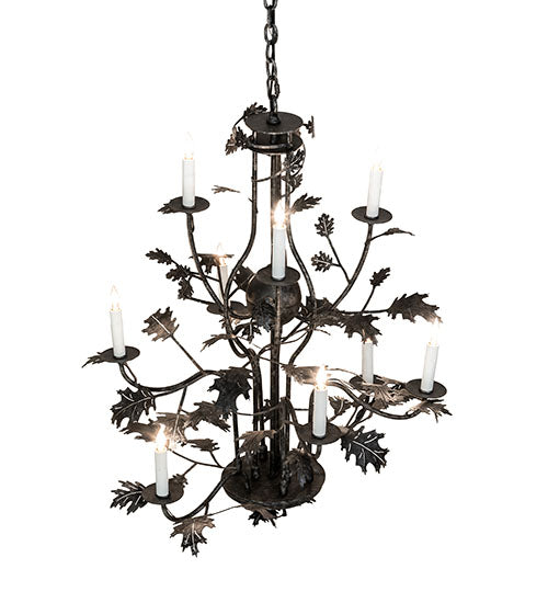 Meyda Lighting Oak Leaf 36" 9-Light Gunmetal Chandelier With White Faux Candlelight