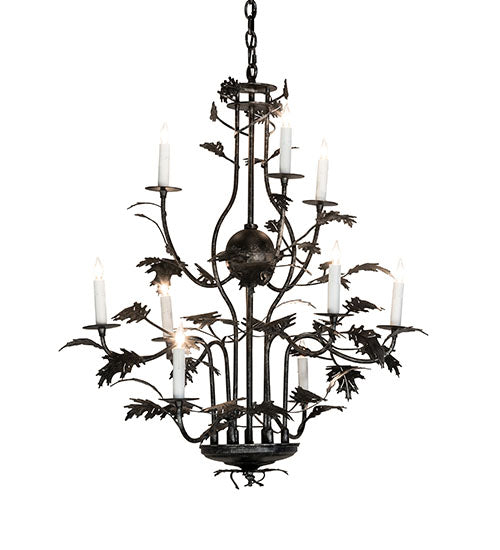 Meyda Lighting Oak Leaf 36" 9-Light Gunmetal Chandelier With White Faux Candlelight