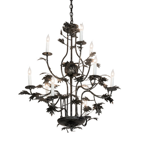 Meyda Lighting Oak Leaf 36" 9-Light Gunmetal Chandelier With White Faux Candlelight