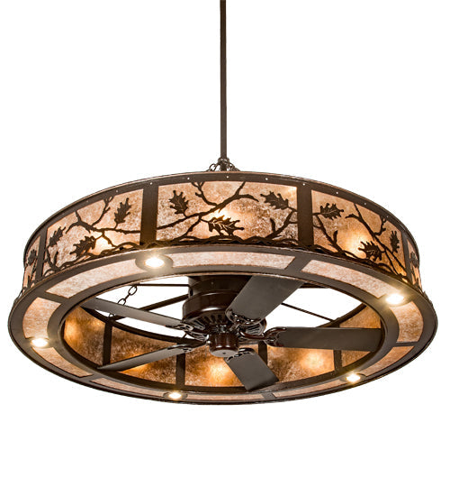 Meyda Lighting Oak Leaf 55" 20-Light Copper Vein Chandelier With Silver Mica Shade Glass and Fan