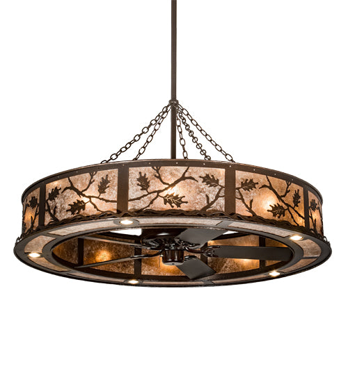 Meyda Lighting Oak Leaf 55" 20-Light Copper Vein Chandelier With Silver Mica Shade Glass and Fan
