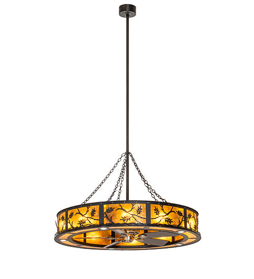 Meyda Lighting Oak Leaf 56" 20-Light Textured Black Chandelier With Amber Mica Shade Glass and Fan