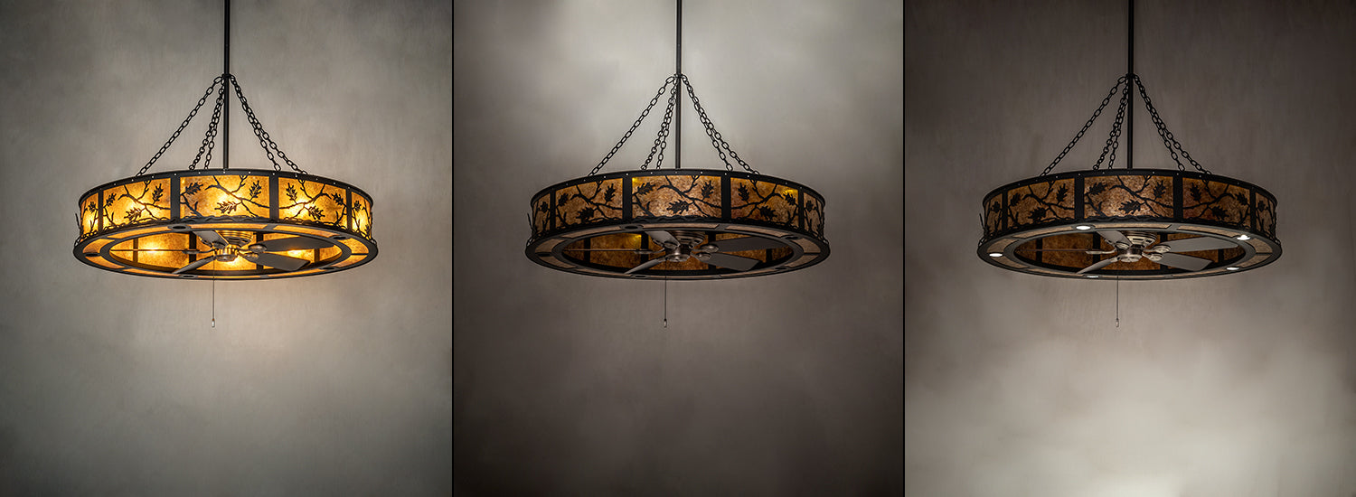 Meyda Lighting Oak Leaf 56" 20-Light Textured Black Chandelier With Amber Mica Shade Glass and Fan