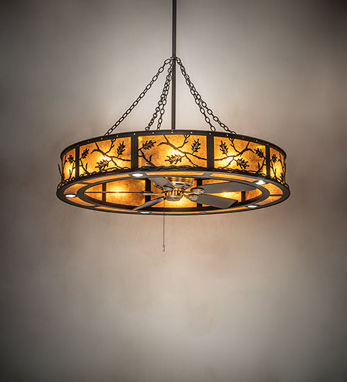 Meyda Lighting Oak Leaf 56" 20-Light Textured Black Chandelier With Amber Mica Shade Glass and Fan