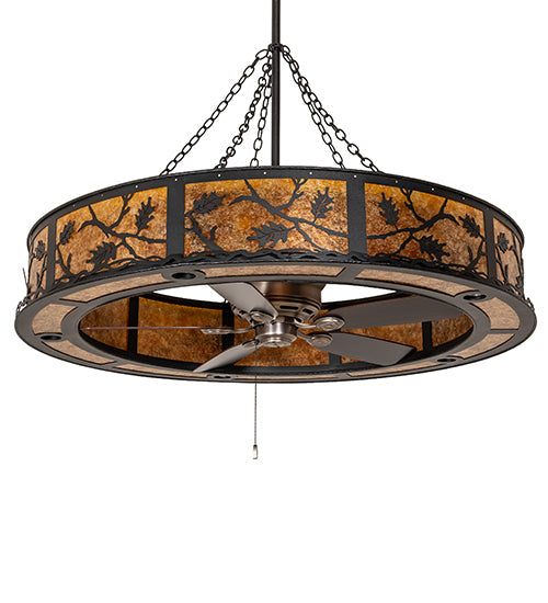 Meyda Lighting Oak Leaf 56" 20-Light Textured Black Chandelier With Amber Mica Shade Glass and Fan