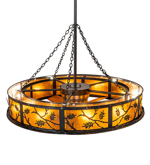 Meyda Lighting Oak Leaf 56" 20-Light Textured Black Chandelier With Amber Mica Shade Glass and Fan