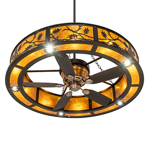 Meyda Lighting Oak Leaf 56" 20-Light Textured Black Chandelier With Amber Mica Shade Glass and Fan