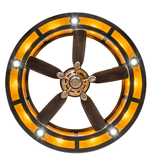 Meyda Lighting Oak Leaf 56" 20-Light Textured Black Chandelier With Amber Mica Shade Glass and Fan