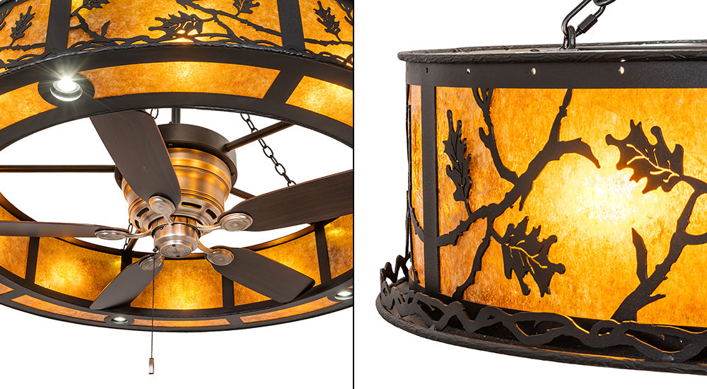 Meyda Lighting Oak Leaf 56" 20-Light Textured Black Chandelier With Amber Mica Shade Glass and Fan