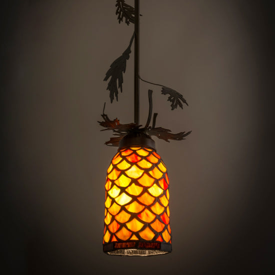 Meyda Lighting Oak Leaf 6" Antique Copper Mini Pendant Light With Yellow & Amber Shade Glass