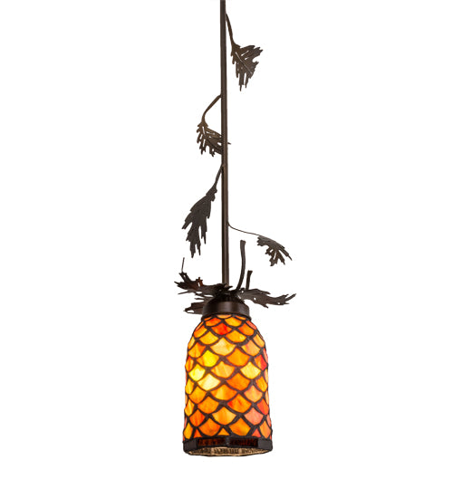 Meyda Lighting Oak Leaf 6" Antique Copper Mini Pendant Light With Yellow & Amber Shade Glass