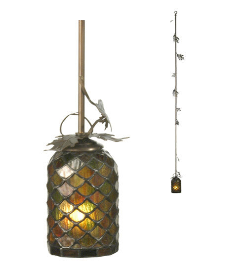 Meyda Lighting Oak Leaf 7" Antique Copper Mini Pendant Light With Autumn Green & Bark Brown Shade Glass