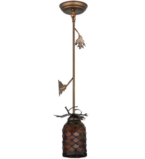 Meyda Lighting Oak Leaf 8" Antique Copper Mini Pendant Light With Ruby & Green Stained Shade Glass