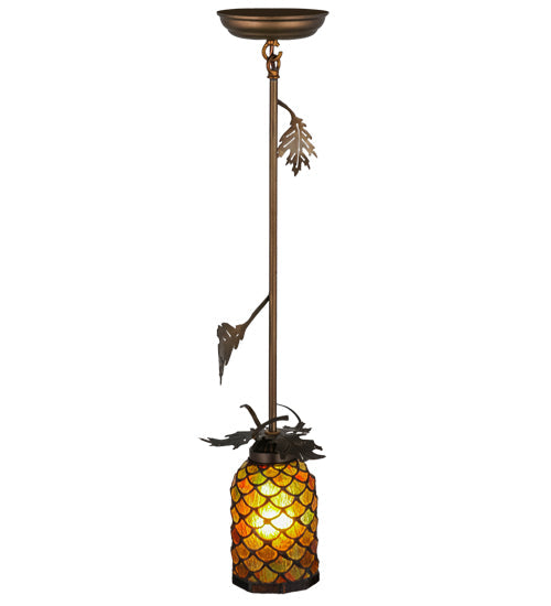 Meyda Lighting Oak Leaf 8" Antique Copper Mini Pendant Light With Ruby & Green Stained Shade Glass