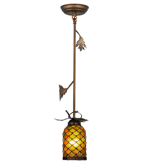 Meyda Lighting Oak Leaf 8" Antique Copper Mini Pendant Light With Ruby & Green Stained Shade Glass