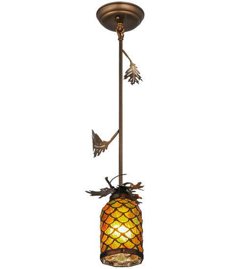 Meyda Lighting Oak Leaf 8" Antique Copper Mini Pendant Light With Ruby & Green Stained Shade Glass