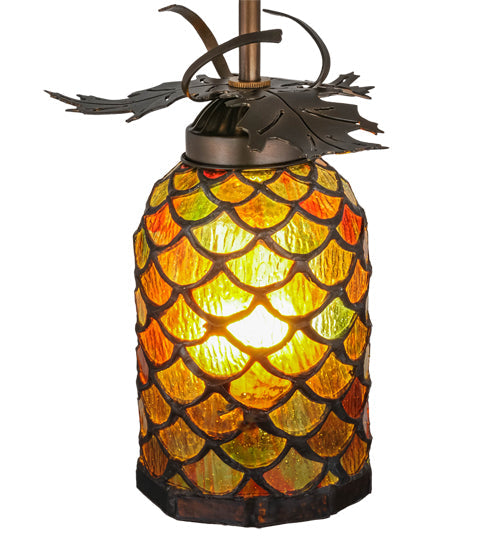 Meyda Lighting Oak Leaf 8" Antique Copper Mini Pendant Light With Ruby & Green Stained Shade Glass