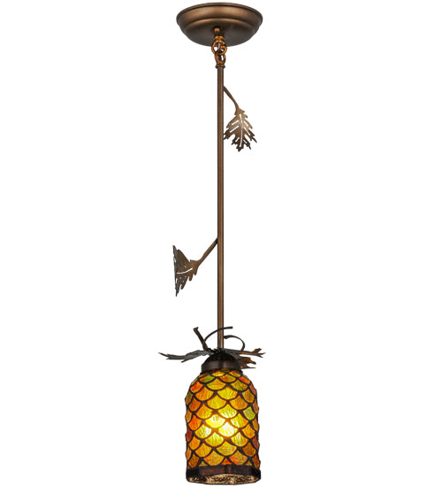 Meyda Lighting Oak Leaf 8" Antique Copper Mini Pendant Light With Ruby & Green Stained Shade Glass