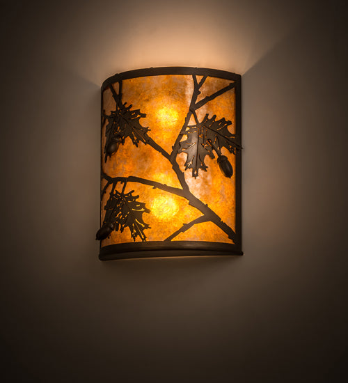 Meyda Lighting Oak Leaf & Acorn 10" 2-Light Antique Copper Wall Sconce With Amber Mica Shade Glass
