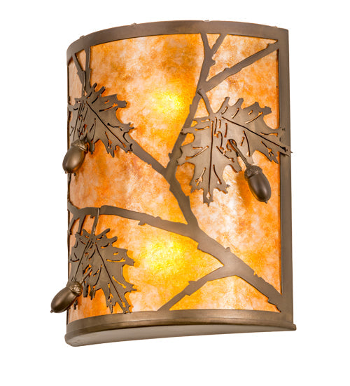 Meyda Lighting Oak Leaf & Acorn 10" 2-Light Antique Copper Wall Sconce With Amber Mica Shade Glass