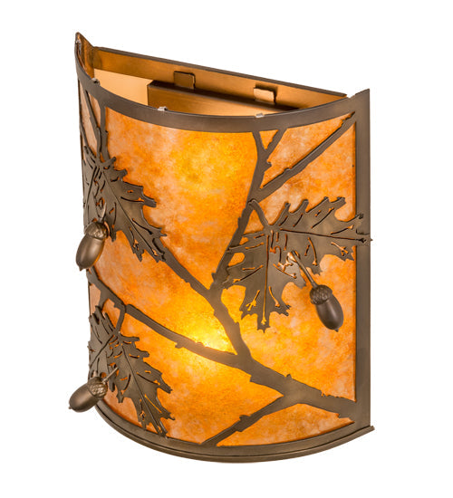Meyda Lighting Oak Leaf & Acorn 10" 2-Light Antique Copper Wall Sconce With Amber Mica Shade Glass