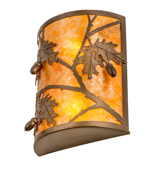 Meyda Lighting Oak Leaf & Acorn 10" 2-Light Antique Copper Wall Sconce With Amber Mica Shade Glass