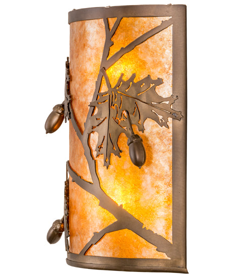 Meyda Lighting Oak Leaf & Acorn 10" 2-Light Antique Copper Wall Sconce With Amber Mica Shade Glass