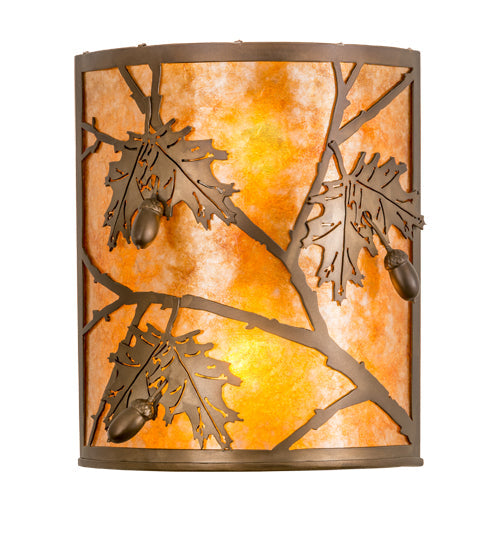 Meyda Lighting Oak Leaf & Acorn 10" 2-Light Antique Copper Wall Sconce With Amber Mica Shade Glass