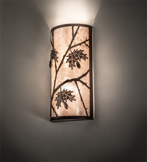 Meyda Lighting Oak Leaf & Acorn 10" 2-Light Cafe Noir Wall Sconce With Silver Mica Shade Glass