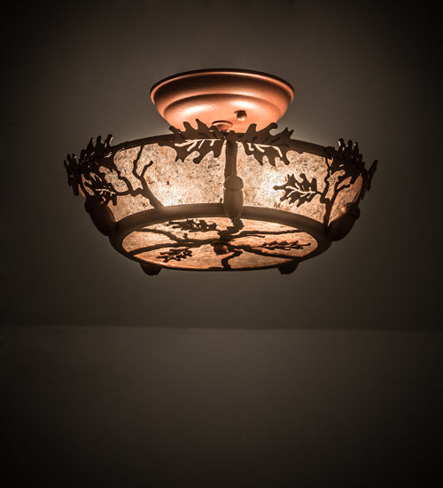 Meyda Lighting Oak Leaf & Acorn 11" 2-Light Antique Copper Flush Mount Light With Silver Mica Shade Glass