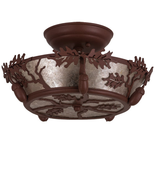 Meyda Lighting Oak Leaf & Acorn 11" 2-Light Antique Copper Flush Mount Light With Silver Mica Shade Glass