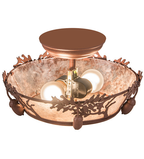 Meyda Lighting Oak Leaf & Acorn 11" 2-Light Antique Copper Flush Mount Light With Silver Mica Shade Glass