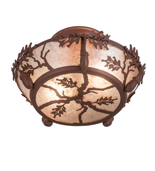 Meyda Lighting Oak Leaf & Acorn 11" 2-Light Antique Copper Flush Mount Light With Silver Mica Shade Glass