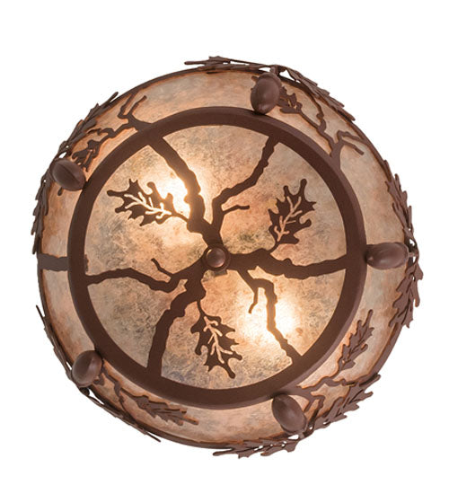Meyda Lighting Oak Leaf & Acorn 11" 2-Light Antique Copper Flush Mount Light With Silver Mica Shade Glass