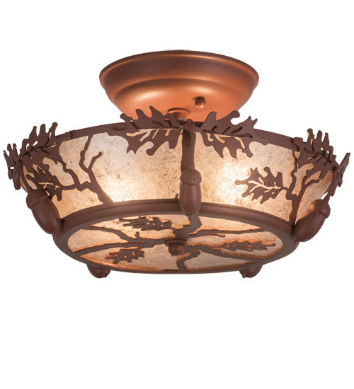 Meyda Lighting Oak Leaf & Acorn 11" 2-Light Antique Copper Flush Mount Light With Silver Mica Shade Glass