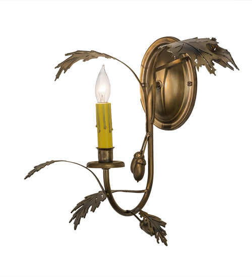 Meyda Lighting Oak Leaf & Acorn 11" Burnished Antique Copper Wall Sconce With Amber Faux Candlelight