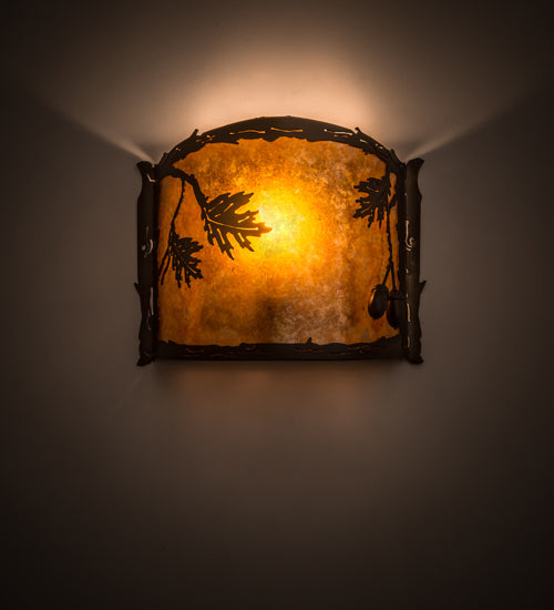 Meyda Lighting Oak Leaf & Acorn 12" Antique Copper Wall Sconce With Amber Mica & Silver Mica Shade Glass