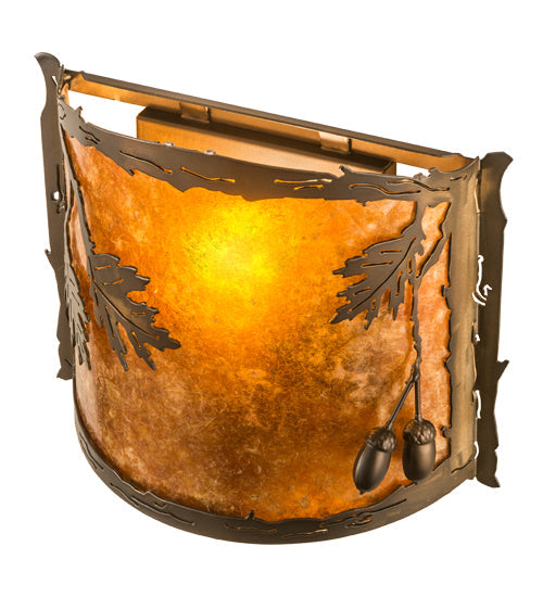 Meyda Lighting Oak Leaf & Acorn 12" Antique Copper Wall Sconce With Amber Mica & Silver Mica Shade Glass