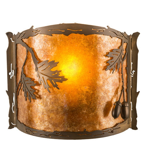 Meyda Lighting Oak Leaf & Acorn 12" Antique Copper Wall Sconce With Amber Mica & Silver Mica Shade Glass
