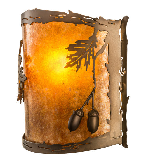 Meyda Lighting Oak Leaf & Acorn 12" Antique Copper Wall Sconce With Amber Mica & Silver Mica Shade Glass